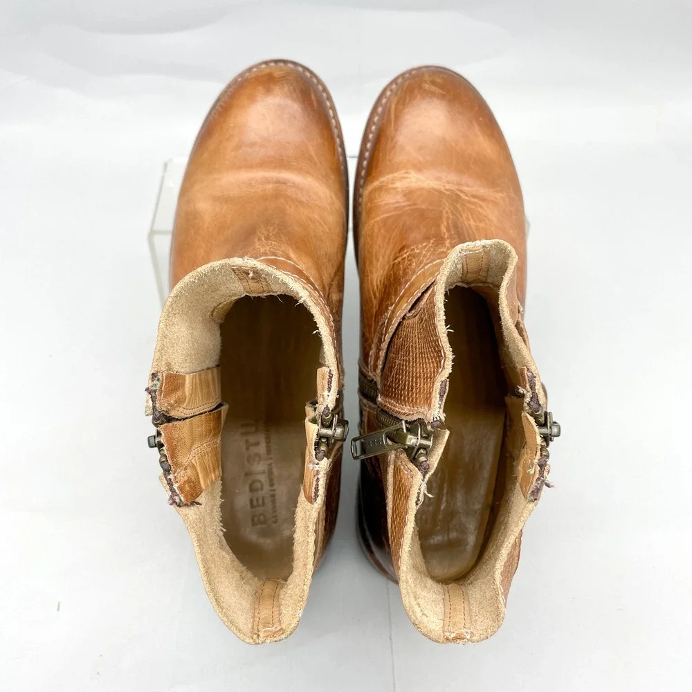 Bed Stu Womens 9 Becca Boots Tan Rustic Leather Moto Booties Zip Buckle Western - Picture 6 of 11